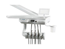 Cargar imagen en el visor de la galería, En este sillón dental, el soporte de las piezas de mano posee un diseño inclinado para facilitar las operaciones cuando se requiere utilizarlas. De esta manera, las piezas de mano no se caerán al suelo. Por otra parte, este conjunto de unidades dentales presenta un pequeño contenedor de desechos para colocar bolas de algodón y otros residuos de forma temporal